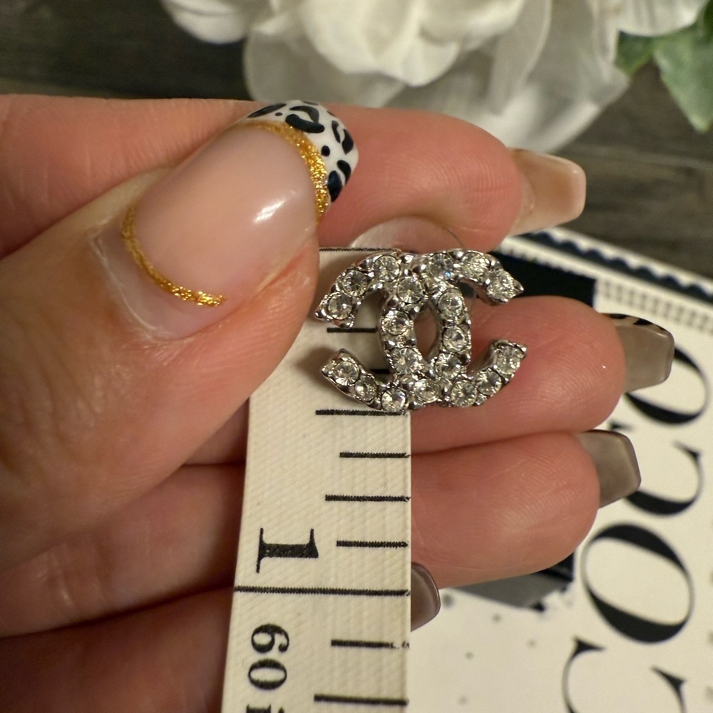 CHANEL Silver Crystal CC Stud Earrings - Picture 8 of 10